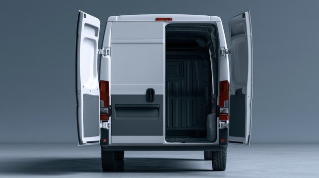 White commercial cargo van with rear doors wide open showing empty interior space isolated on gray background, delivery, transportation, and logistics concept