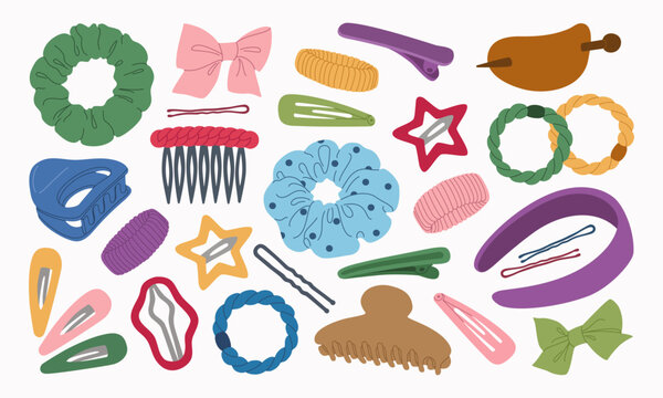 Colorful hair accessories set. Cute scrunchies, hair clips, barrettes, claw clips, headband, bows, bobby pins, combs, and elastic bands. Hand drawn vector illustration, flat cartoon style.