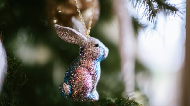Colorful ornament of a rabbit hanging on a Christmas tree branch during the holiday season
