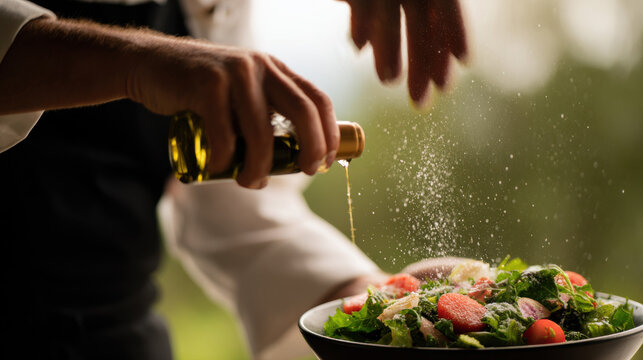 Chef prepares a fresh salad with olive oil and seasoning outdoors in a garden setting