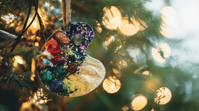 Colorful ornament hangs on a Christmas tree with bright lights and a blurred background