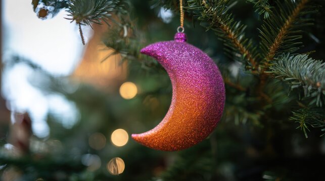 Colorful moon ornament hangs on a Christmas tree with lights and branches in the background during a festive season