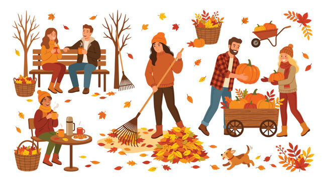 Family working together in autumn yard vector design