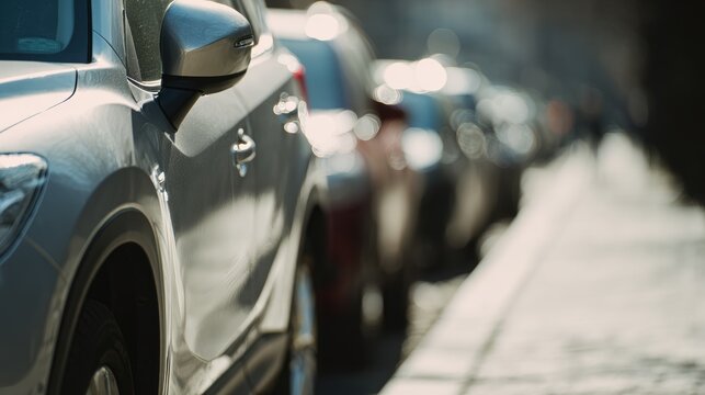 Cars parked along a city street on a sunny day with blurred background and shadows