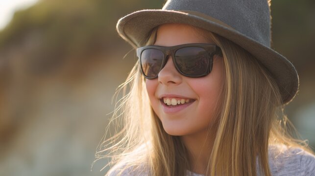 Girl smiles while wearing sunglasses and a hat during a sunny day at the beach