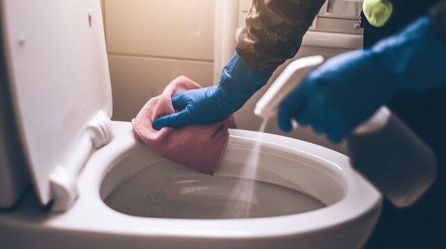 Cleaning a toilet with a cloth and spray in a bathroom during daytime