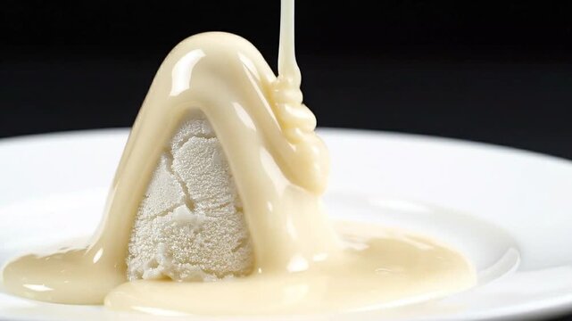 Pouring Thick Rabri Sweet Sauce Over Scoops of Pistachio Kulfi in Terracotta Bowl