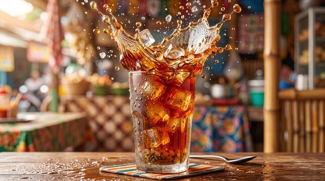 Action splash shot of iced tea in a glass with ice cubes splashing outdoors at a rustic street food stall