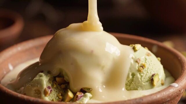 Pouring Sweet Condensed Milk Rabri Over Pistachio Kulfi Pop with Saffron