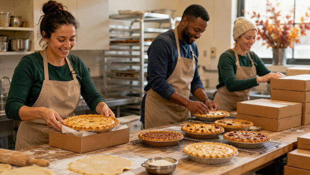 Diverse team of professional bakers wearing aprons working together in commercial kitchen to pack freshly baked assorted pies into cardboard boxes for retail sale and holiday orders