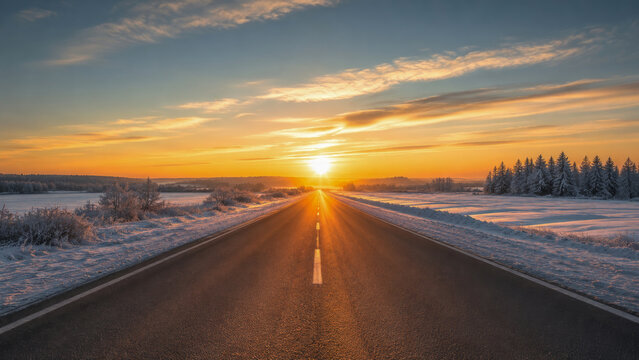 Tranquil winter road stretches endlessly into glowing golden hour, bathed in warm light of majestic sunset, flanked by pristine snowfields and frosted evergreen trees, symbolizing beautiful journey.
