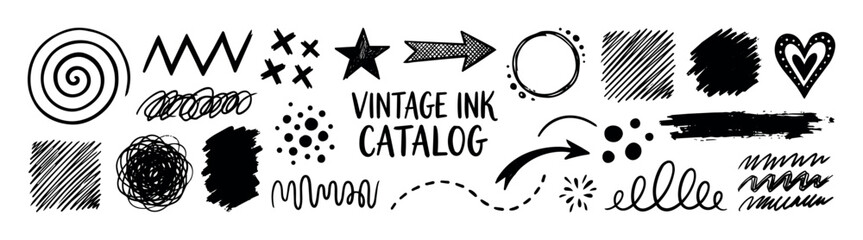 Fototapeta premium Vintage ink design elements and hand drawn graphic shapes. Collection of doodle arrows, stars, hearts, circles, scribbles, lines, brush strokes, and decorative marks for creative graphic projects