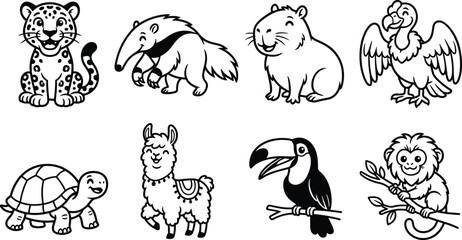 Fototapeta premium Cute Exotic Wildlife Animal Coloring Page Collection with Leopard Anteater Toucan Llama and Monkey