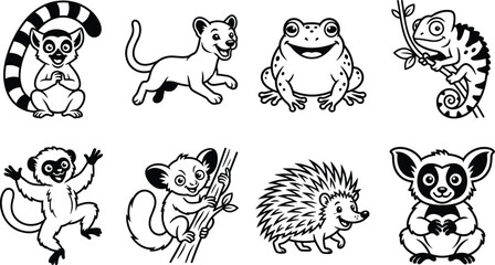 Obraz premium Cute Exotic Animal Coloring Page Collection with Lemur Frog Chameleon Hedgehog and Bush Baby