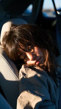 A woman sleeping in a car creates a calm lifestyle visual emphasizing comfort, safety, and modern transportation.