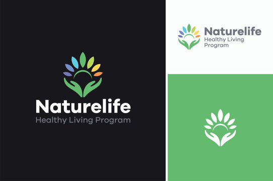 Hands with Colorful Leaves and Sun for Natural Healthy Life. Fresh Organic Nutrition Food logo design