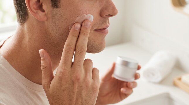 Young man applying nourishing face cream from jar in bathroom, daily skincare and self-care routine.