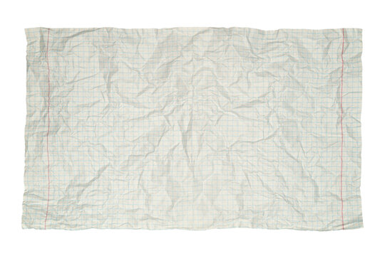 heavily crumpled checkered notebook page on white background isolated