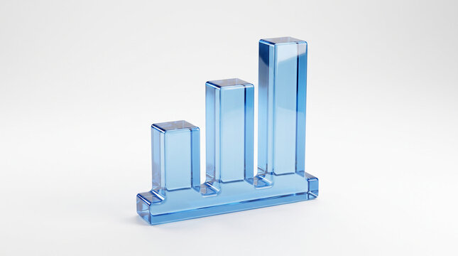Blue glass 3D bar chart icon.