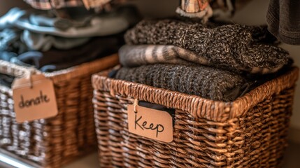 Obraz premium Wicker basket filled with folded knitted warm clothes labeled keep beside another basket labeled donate in cozy closet or storage area with soft lighting