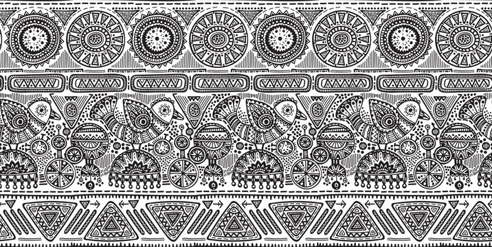  seamless pattern with black and white hand drawn triangles, ornate birds.