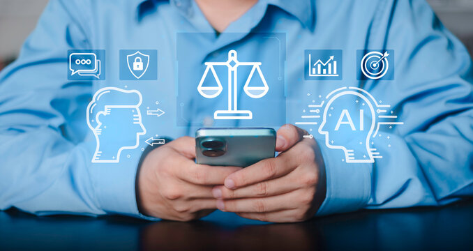 Businessman using smartphone with digital scales of justice and AI icons. Legal technology, professional corporate law firm advice, compliance, and judicial system automation concept.