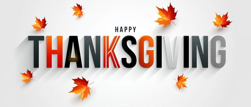 Bold 3D Happy Thanksgiving Typography with Modern Gradient Lettering and Floating Maple Leaves on Clean Minimal Light Background