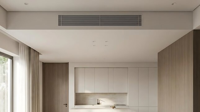 Modern minimalist interior design featuring a discreet linear ar condicionado vent integrated into a sleek white ceiling of a contemporary residential space