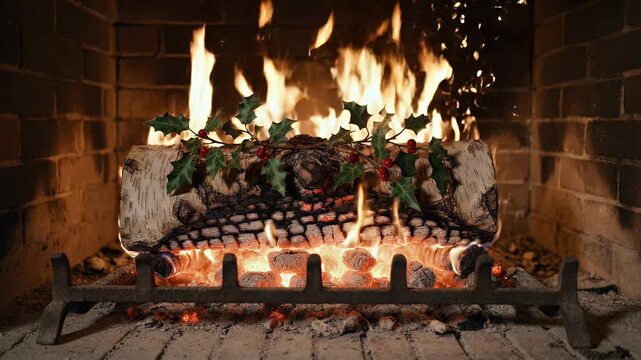 Warm, glowing hearth with a festive log adorned with holly and berries