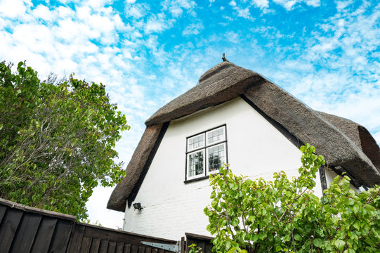 Exterior view of a typical English cottage showing the straw thatched roof in great detail. Beyond the wooden fence is the back garden.