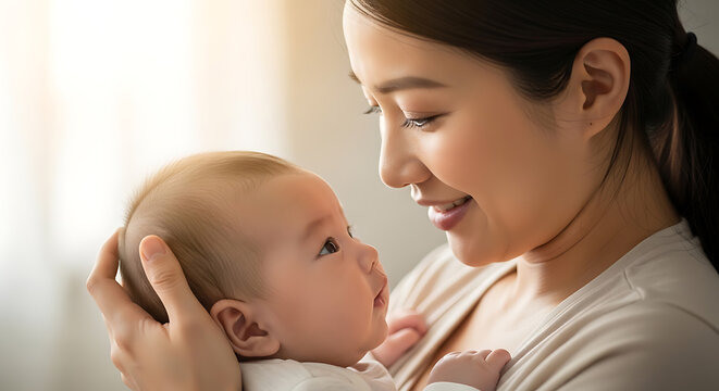Loving mother tenderly holding newborn baby while sharing intimate moment indoors