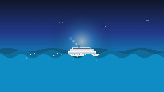 Minimalist vector illustration of a luxury cruise ship sailing across dark blue ocean waves under a night sky with bright moonlight