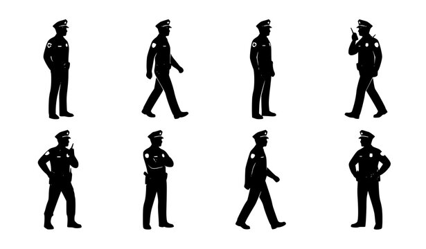 Police Officer Profile Silhouette Vector Set with Uniform and Cap Isolated on White Background