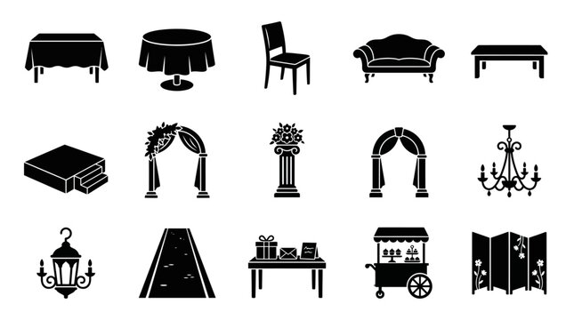 Silhouette Vector Icon Set of 15 Wedding Reception Furniture Text Banner with Modern Style