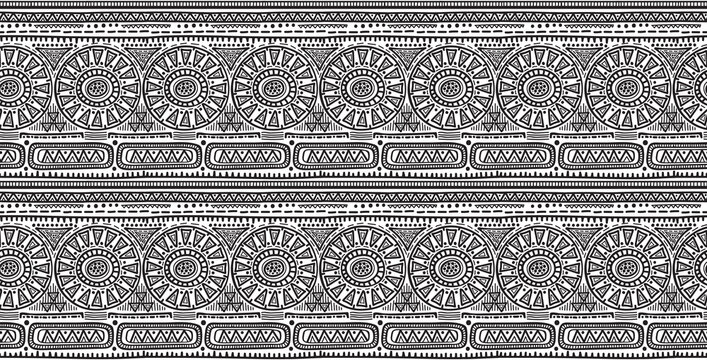  seamless pattern with black and white hand drawn triangles, ornate birds.