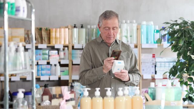 Senior man scans a mobile barcode for packages with pills, he looks at the pharmacy's website, products and recommendations for use. High quality 4k footage