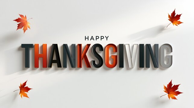 Bold 3D Happy Thanksgiving Typography with Modern Gradient Lettering and Floating Maple Leaves on Clean Minimal Light Background