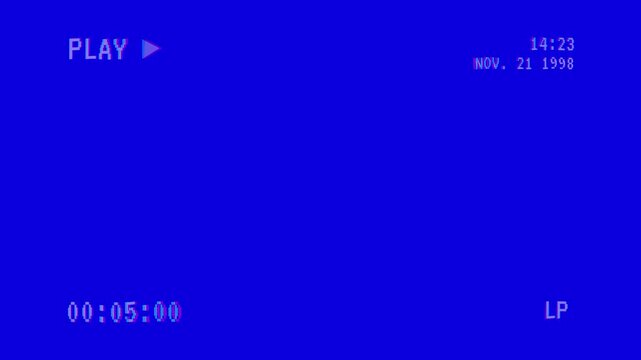 Retro vhs blue screen background with glitch distortion effects and playback overlay, 4k vhs play video