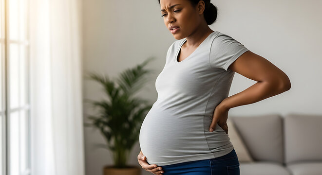Pregnant woman holding her belly and lower back experiencing discomfort at home