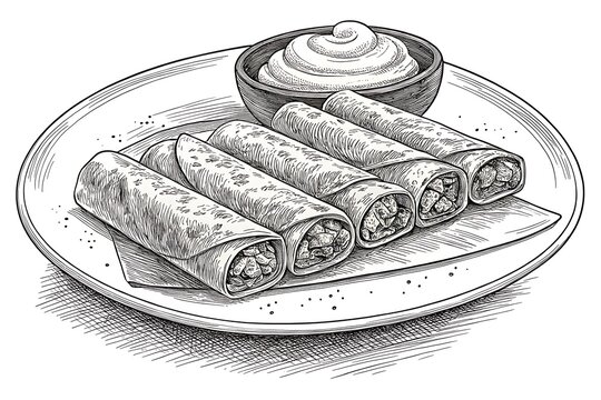 Assorted rolled spring rolls with dipping sauce on a plate