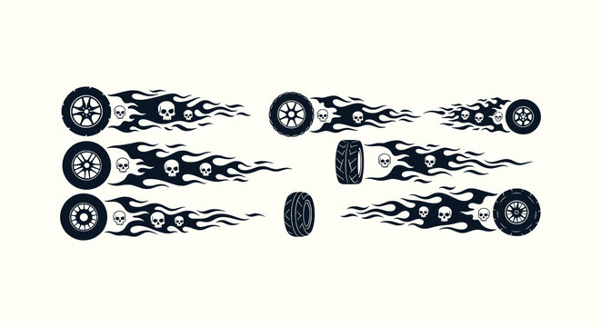 Stylized Burning Tire Flame Skull Vector Silhouettes for Hot Rod Racing and Biker Tattoo Designs Art