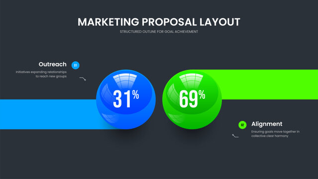 Professional Launch Slideshow Layout Vector Illustration. Science Development 2 Element Diagram Slide Design. Elegant Solution Two Option Infographic Frame Template.