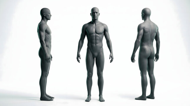Human figure model is shown from three different angles in this detailed anatomical 3D render study.