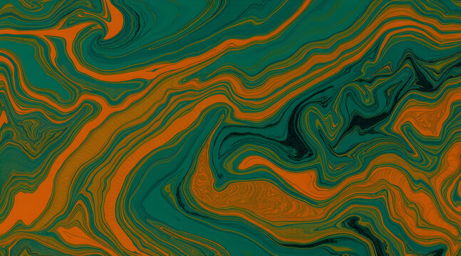 Abstract Swirling Marbled Ink Pattern in Deep Teal and Burnt Orange Tones with Fine Texture Details for Modern Graphic Background