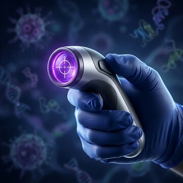 A gloved hand holding a futuristic medical scanner targeting viruses and dna structures in a laboratory setting
