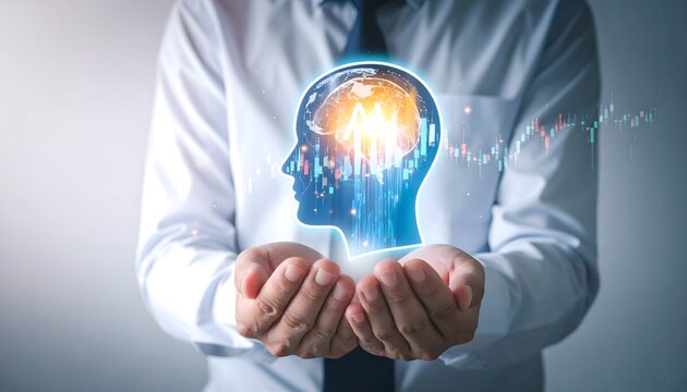 Businessman cupping hands around glowing AI profile icon with trading stock charts and financial growth graph.