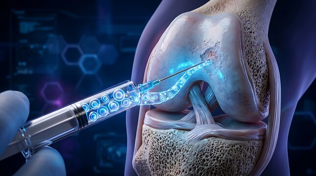 Medical illustration of a knee joint receiving a regenerative stem cell injection therapy for cartilage repair and osteoarthritis treatment