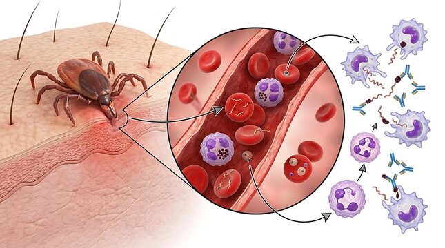 Medical illustration of a tick bite transmitting pathogens into the bloodstream and the subsequent immune system response with white blood cells