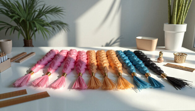 Colorful kanekalon braiding hair extensions arranged on salon table, colorful kanekalon hair extensions for African braids, top view layout of bright synthetic hair strands