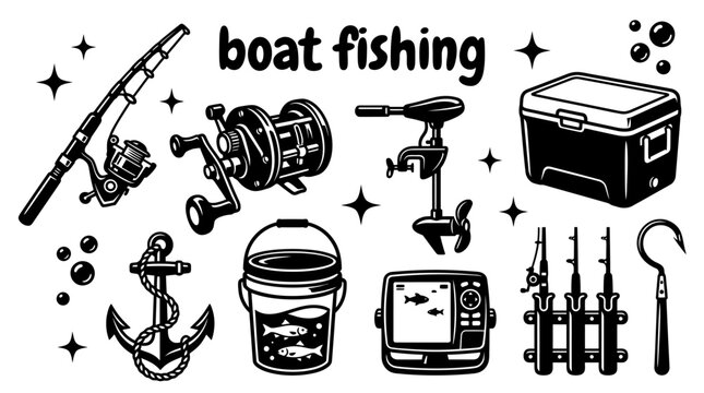 boat fishing equipment featuring marine rods conventional reels fish finders trolling motors coolers rod holders anchors bait buckets and offshore accessories set recreational boating sport fishing